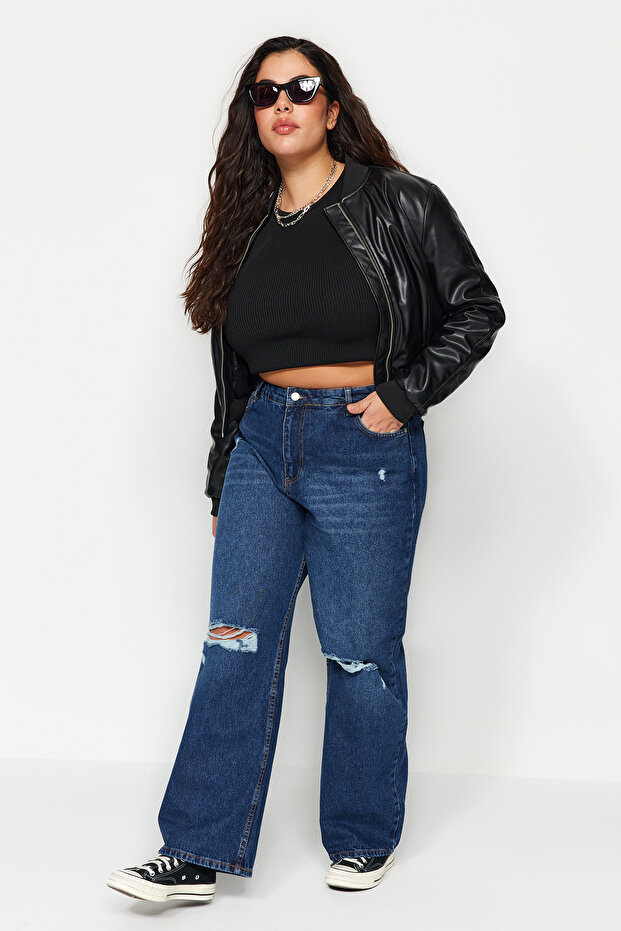 Koyu Mavi Yüksek Bel Destroylu Geniş Paça/Wide Leg %100 Pamuk Büyük Beden Jeans TBBSS22JE00006 - 7