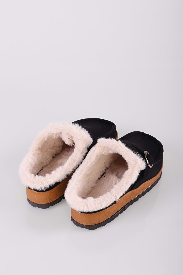 Női puha fekete velúr szőrös lapos papucs - 5