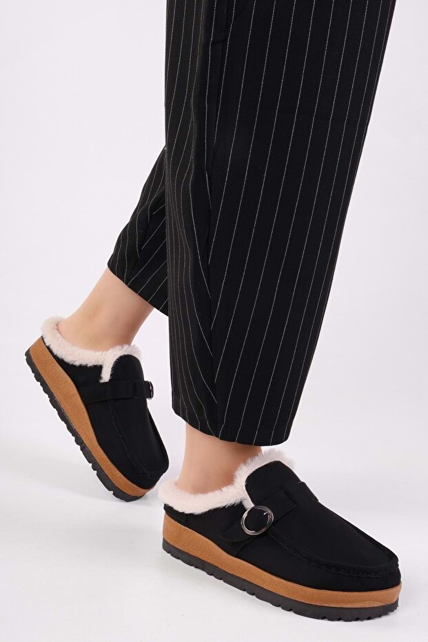 Női puha fekete velúr szőrös lapos papucs - 2