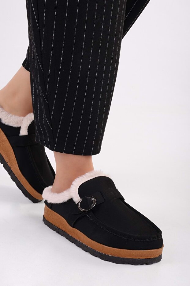 Női puha fekete velúr szőrös lapos papucs - 3