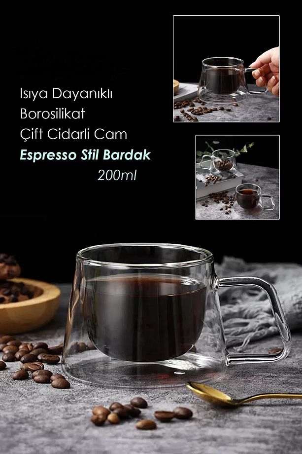 Isıya Dayanıklı Borosilikat Kuplu Çift Cidarlı 6'Lı Espresso Bardağı Kahve Sunum Bardağı Kupa Bardak - 1