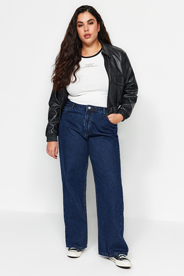 Indigo Yüksek Bel Geniş Paça Comfort/Orta Esnek Büyük Beden Wide Leg Jeans TBBAW23CJ00020 - 7