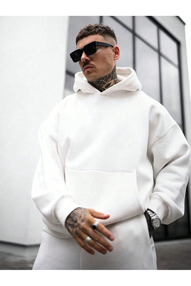 3 Thread Oversize Basic Unprinted Sweatshirt Hoodie - 1