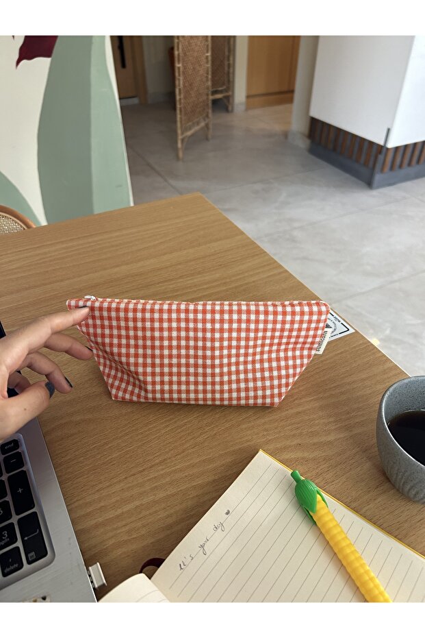 Orange Gingham Washable Zippered Single Eye Cloth Pen Holder Pencil Case Wallet Makeup Bag