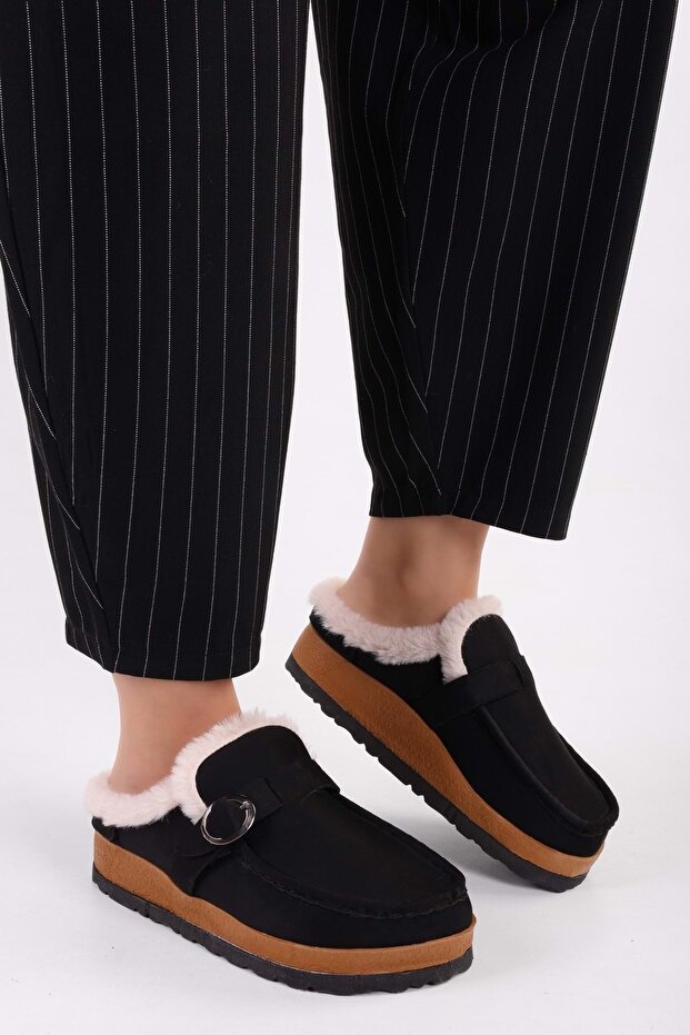 Női puha fekete velúr szőrös lapos papucs - 1