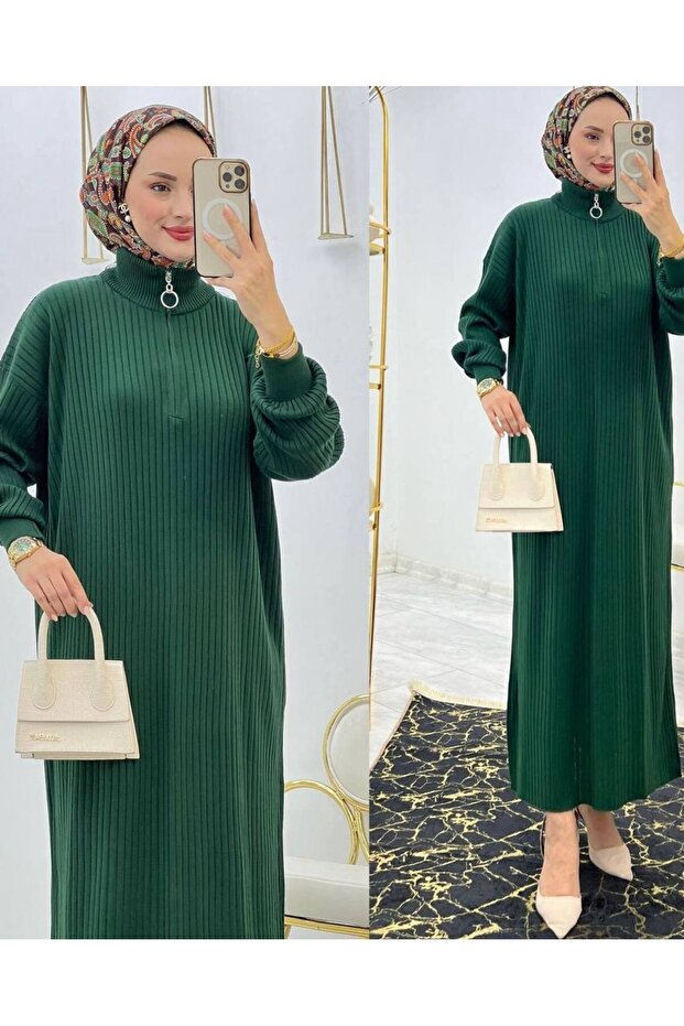Turtleneck Zipper Long Ribbed Knitwear Dress