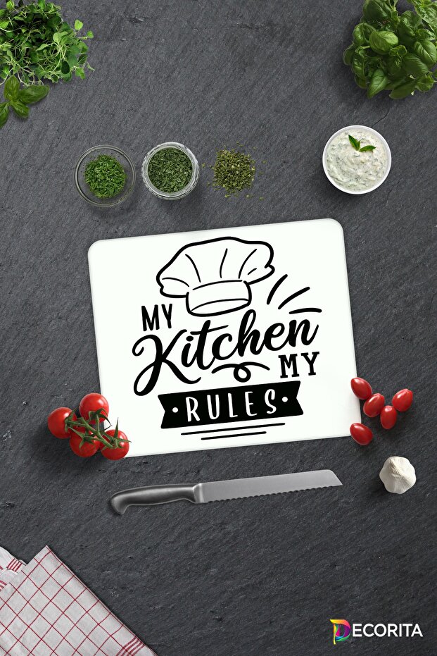 My Kitchen My Rules - لوح تقطيع زجاجي بقاعدة بيضاء مقاس 29 سم × 34 سم
