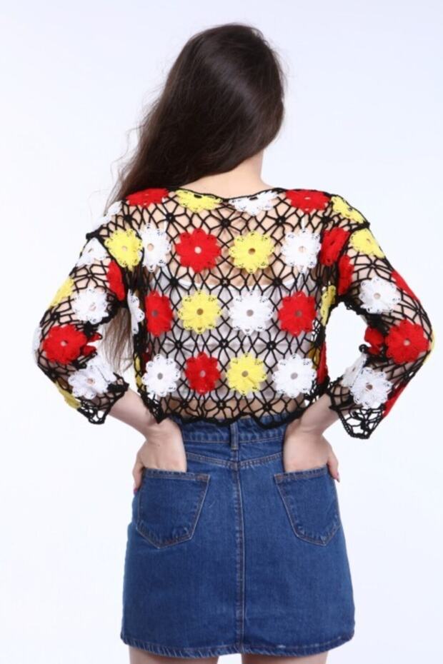 Renkli Papatya Siyah Dantel Örme Bluz - 5