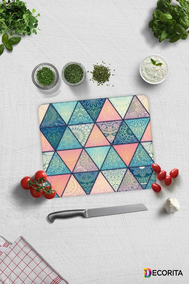 Colorful Mandala Patterned | Glass Cutting Board - Glass Cutting Board | 29 cm X 34 cm