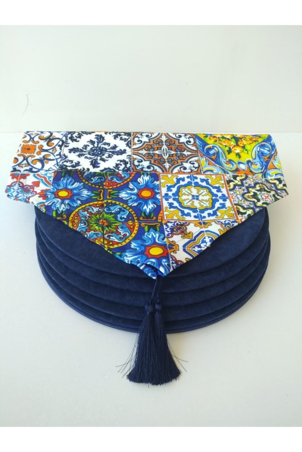Tile Patterned Runner, 6 Navy Blue Color Plates
