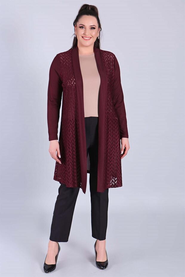 Women's Burgundy Front Mesh Lace Cardigan