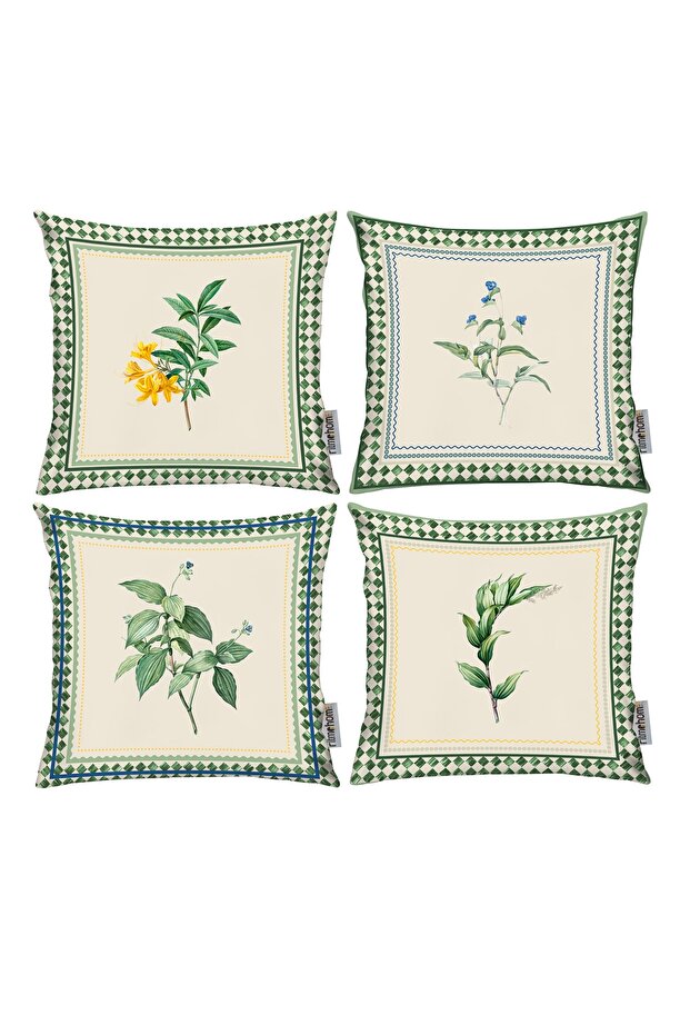 Botanical, Flower, Leaf, Scandinavian, Modern Double Sided Printed 4-Piece 43X43 Throw Pillow Cover Cream, Green