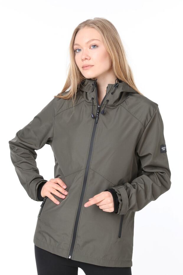 Women's Windbreaker Raincoat Seasonal Khaki Sports Jacket with Shoulder Detail