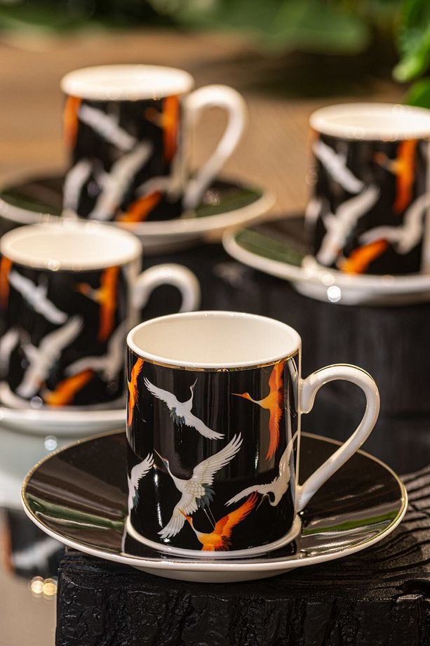Orange Storks Porselen 6 Kişilik Kahve Fincan Takımı Seti - 2