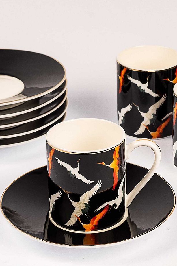 Orange Storks Porselen 6 Kişilik Kahve Fincan Takımı Seti - 4
