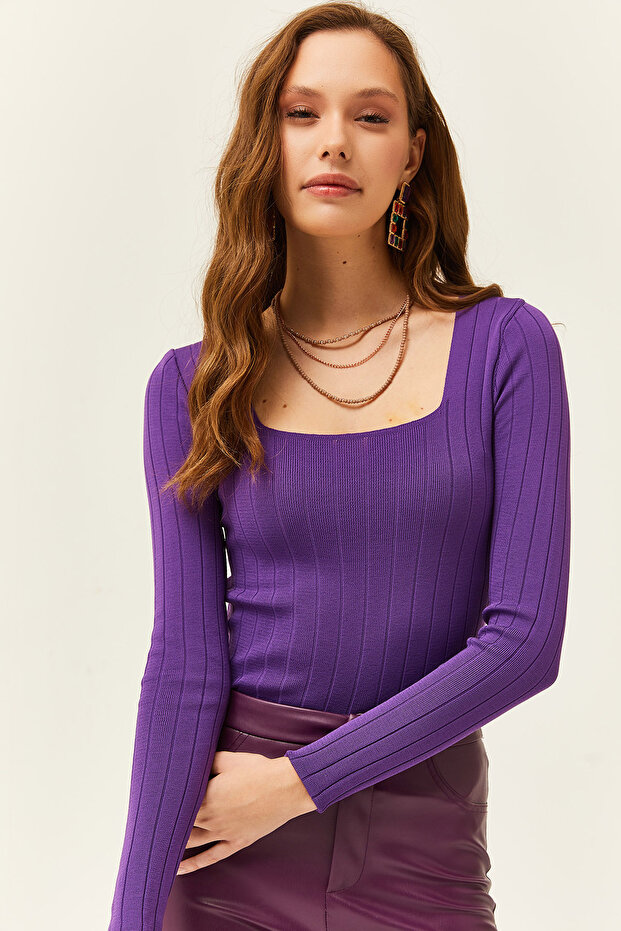 Women's Purple Square Collar Thick Ribbed Knitwear Blouse BLZ-19002040