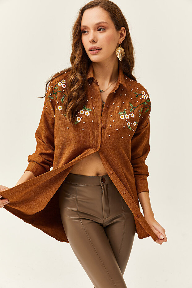 Women's Tan Embroidered Pearl Wool Effect Oversize Winter Shirt GML-19001159
