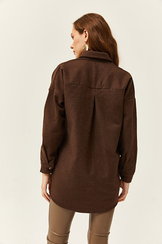 Kadın Yaprak Acı Kahve Pul Payet Detaylı Oversize Kaşe Gömlek GML-19001145 - 4