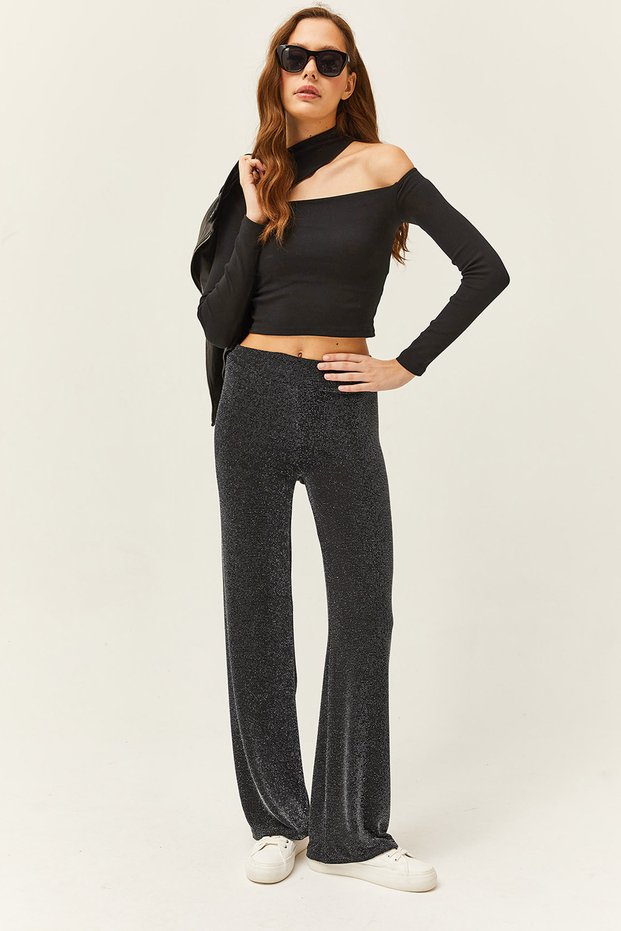 Women's Black Lurex Palazzo Pants PNT-19000248