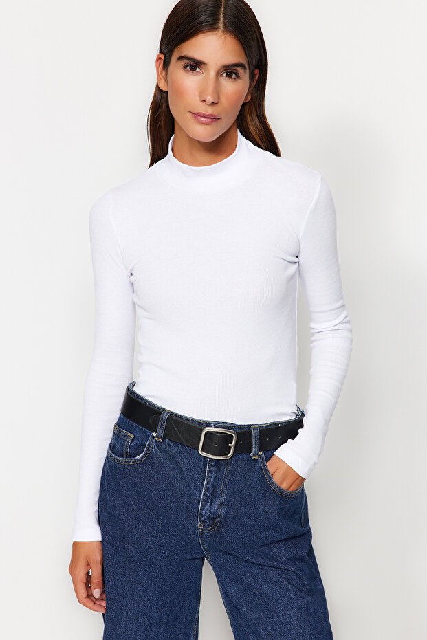 Siyah-Beyaz 2'li Paket Fitilli Dik Yaka Fitted/Vücuda Oturan Uzun Kol Esnek Örme Bluz TWOAW24BZ00257 - 8