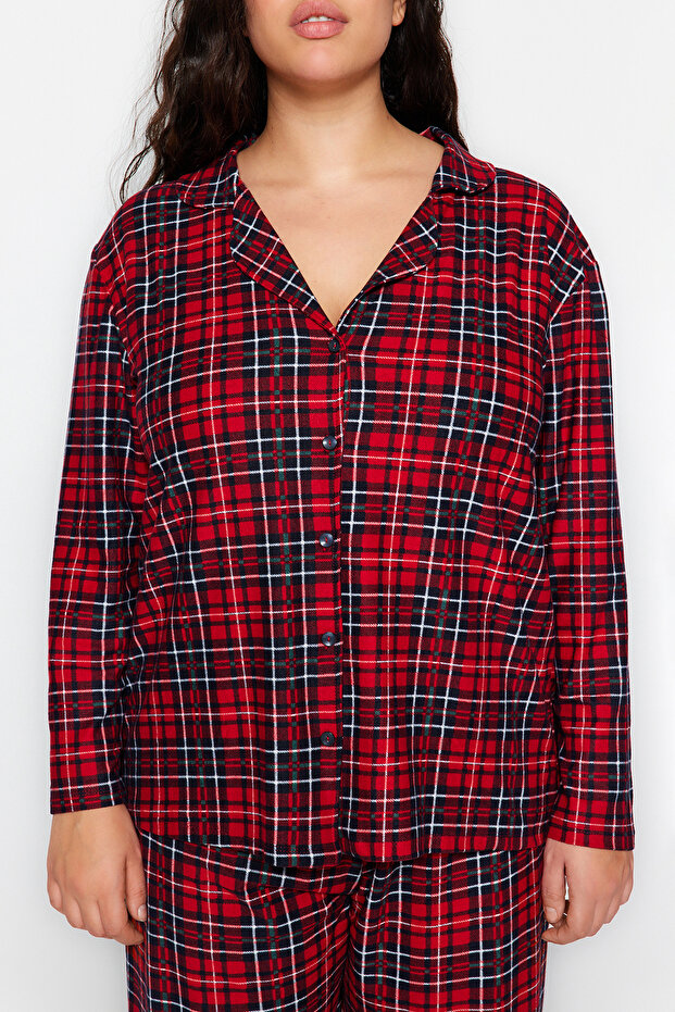 Kırmızı Ekoseli Gömlek Yaka Yumuşak Tuşe Örme Pijama Takımı TBBAW24AI00033 - 5