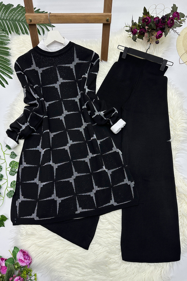 Elegance Glittered Hijab Knitwear Set - Black