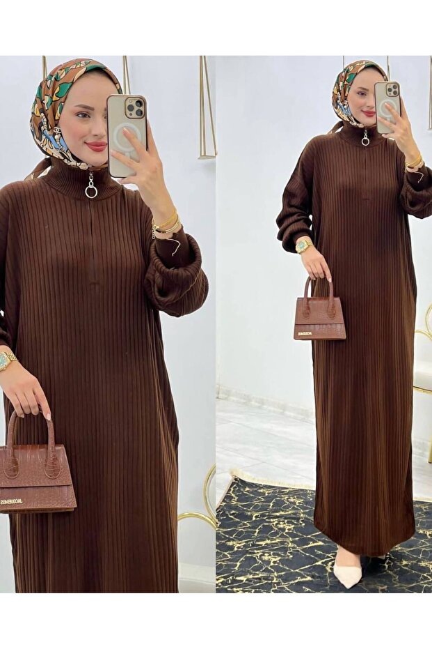 Turtleneck Zipper Long Ribbed Knitwear Dress