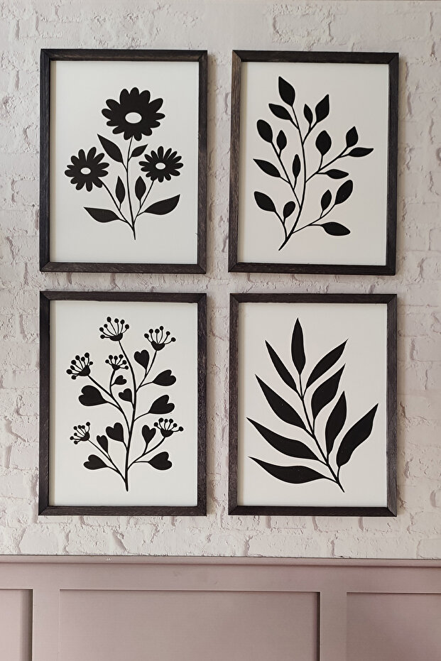 طقم طاولة 4 قطع بنمط نباتي، MDF 3 مم، مع إطار خشبي أسود، طباعة UV، 30x40 سم