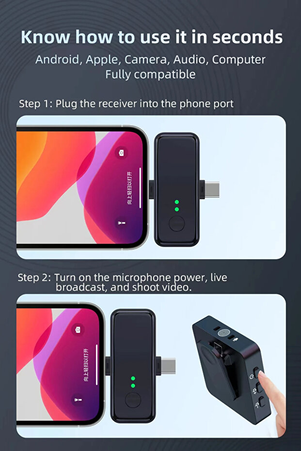 Lightning ve Type-C Uçlu Mikrofon Youtuber Canlı Yayın Yaka Mikrofonu İos ve Android Uyumlu - 6