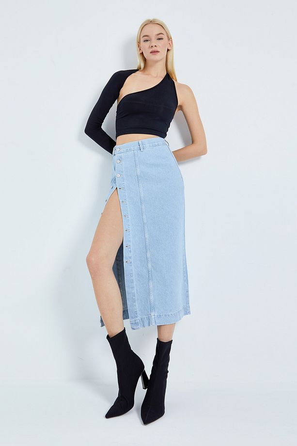 Kadın İce Kot Rengi Önü Düğmeli Maxi Boy Denim Etek - 1