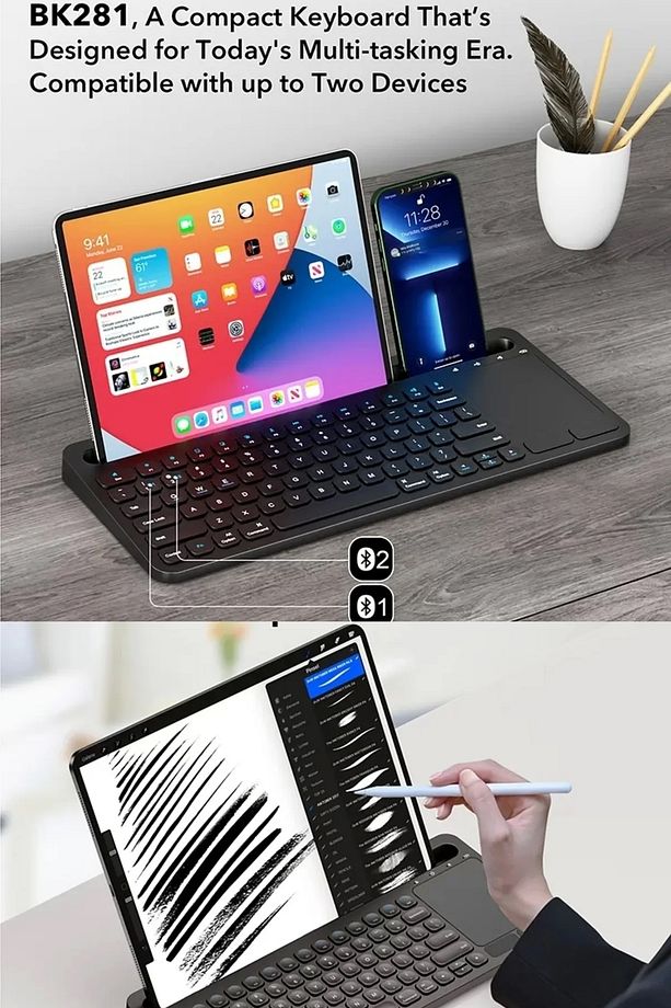 Bluetooh Wıreless Keyboard Siyah Touchpad Kablosuz Q Klavye Kablosuz Tablet Klavyesi Şarjlı Klavye - 3