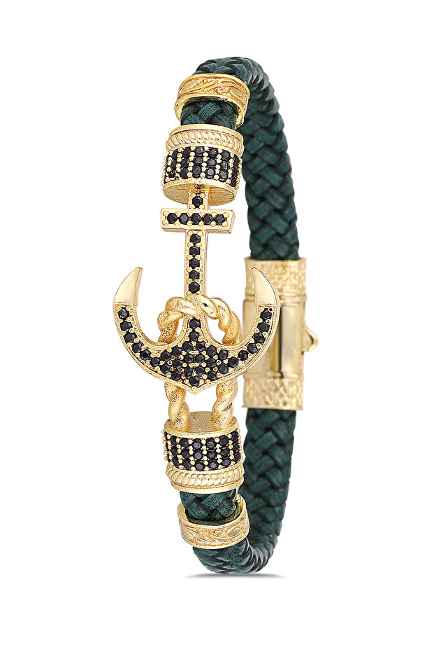 Venetian Anchor Zircon Stone Genuine Leather Men's Bracelet