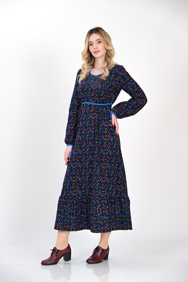 Long Blue Winter Dress with Print Skirt Ruffle Trim from Divitin Flannel
