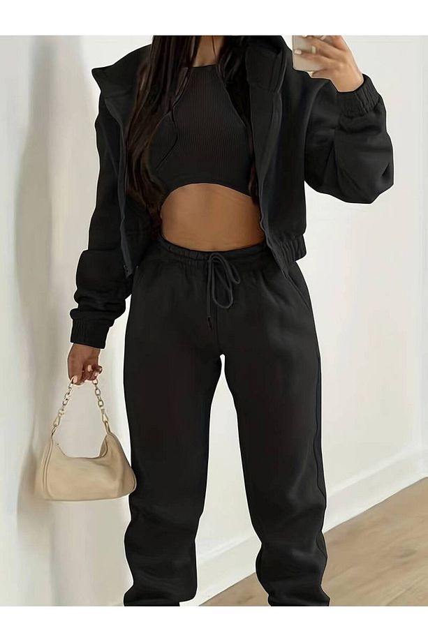 Kadın Good Vibes Baskılı Oversize 3 İplik Hırka Eşofman Takımı - 1