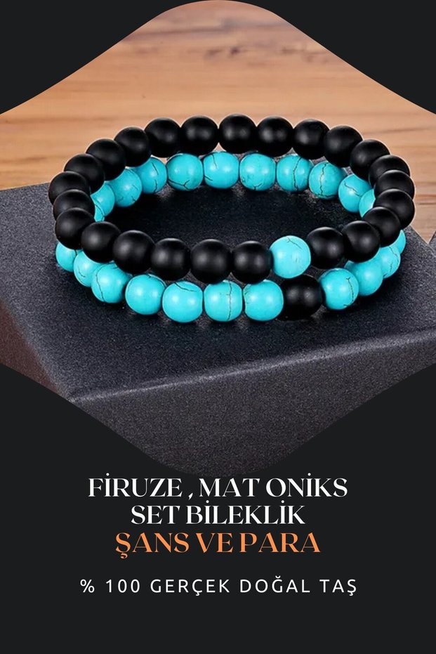 Certified Turquoise, Onyx Natural Stone Bracelet Set 8 mm (Luck and Happiness) Aa Quality