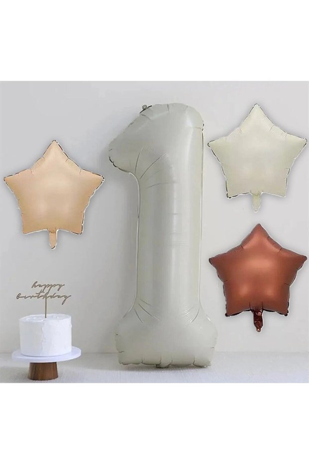 Cream Age 1 Year Old Foil Number Balloon and 3 Pieces Retro Color Cream Caramel Chocolate Star Balloon Set