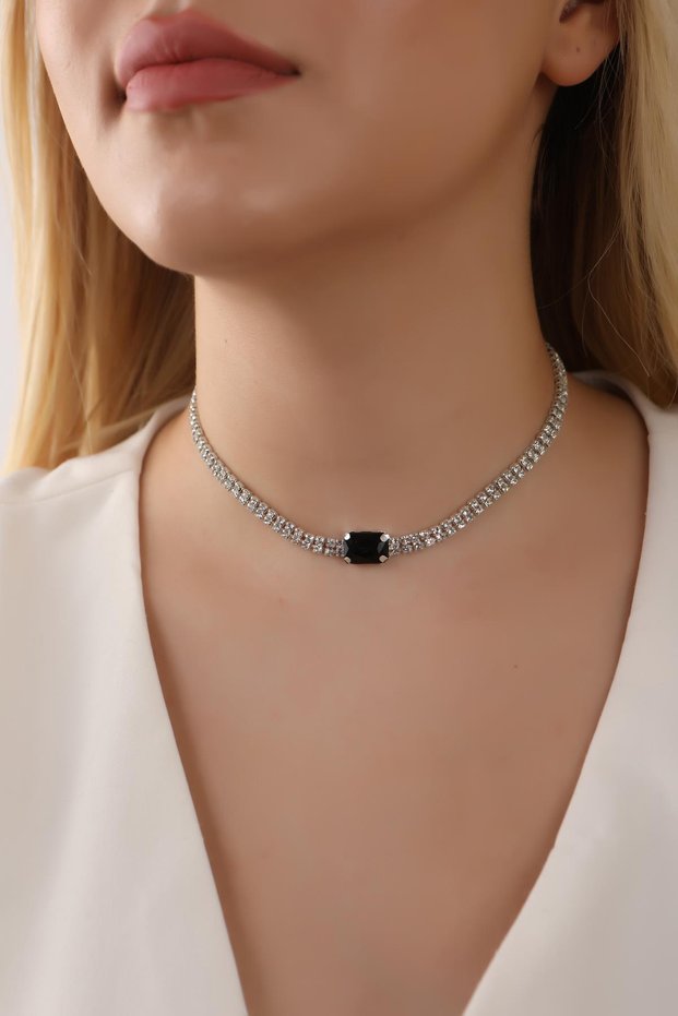 Black Baguette Stone Choker Necklace, Stylish Stone Choker, Waterway Choker Necklace, Choker, Neck Collar Silver