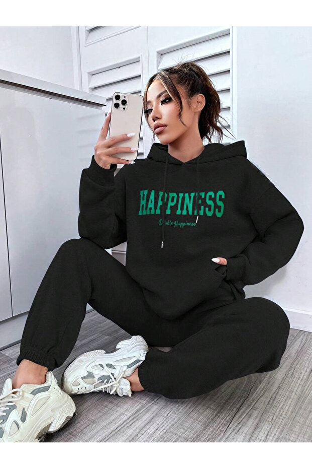 Unisex Happiness Printed Black Hooded Sweatshirt Sweatpants Jogger Tracksuit Set