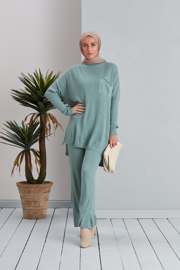Women's Pocket Detailed Tunic and Trousers Corded Knitwear Set