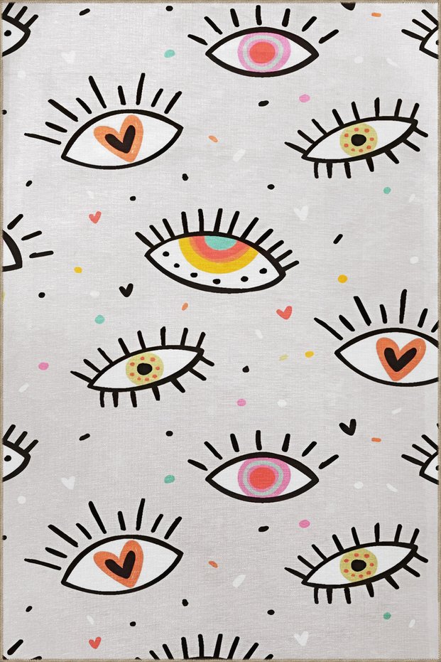 Gray Themed Multicolor Ethnic Eye and Heart Patterned Creative Modern Decorative Carpet 2300