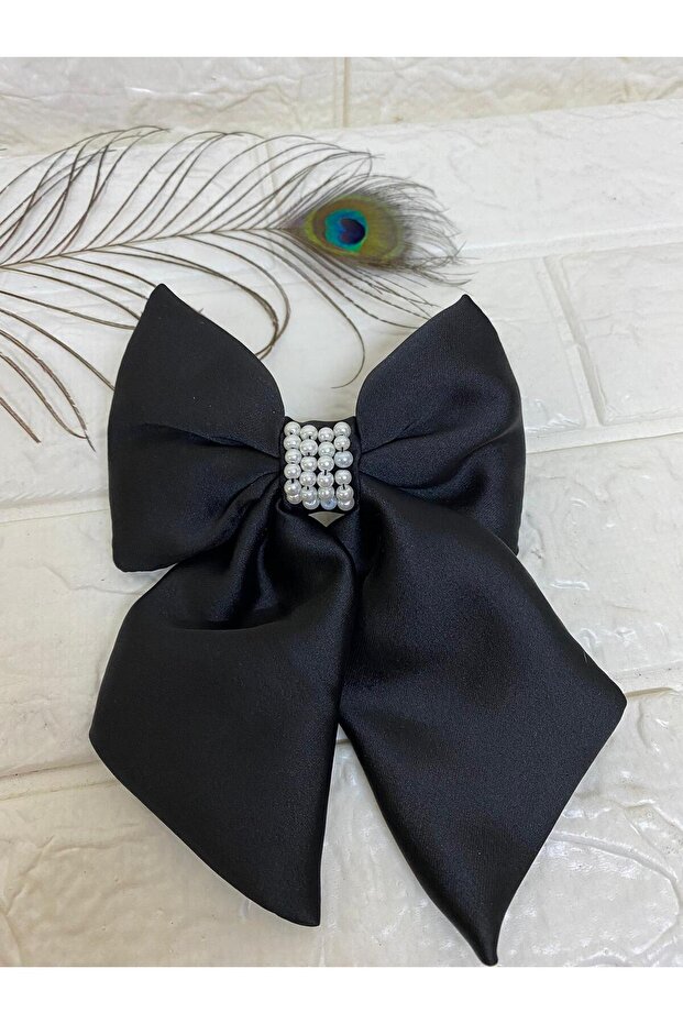 Pearl Black Satin Bow Automatic Buckle - Pearl Bow Buckle - Clip Bow Buckle