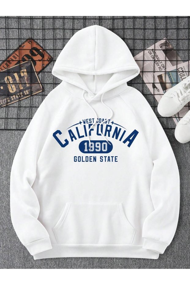 Unisex White Oversize California 1890 Printed Hooded Sweatshirt