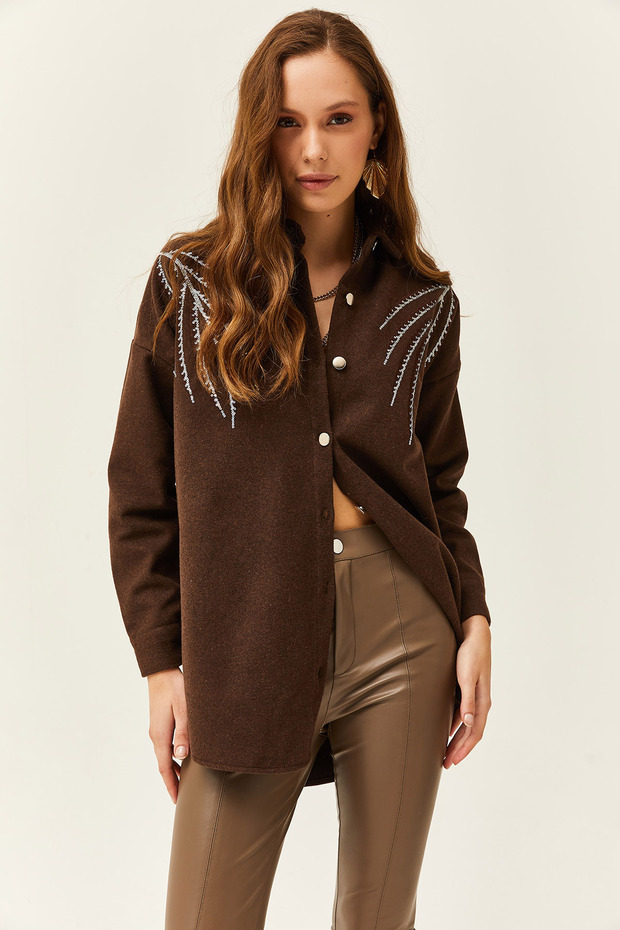 Kadın Yaprak Acı Kahve Pul Payet Detaylı Oversize Kaşe Gömlek GML-19001145 - 3