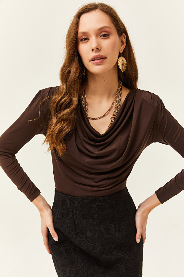 Women's Bitter Brown Padded Pleated Collar Blouse BLZ-19002419
