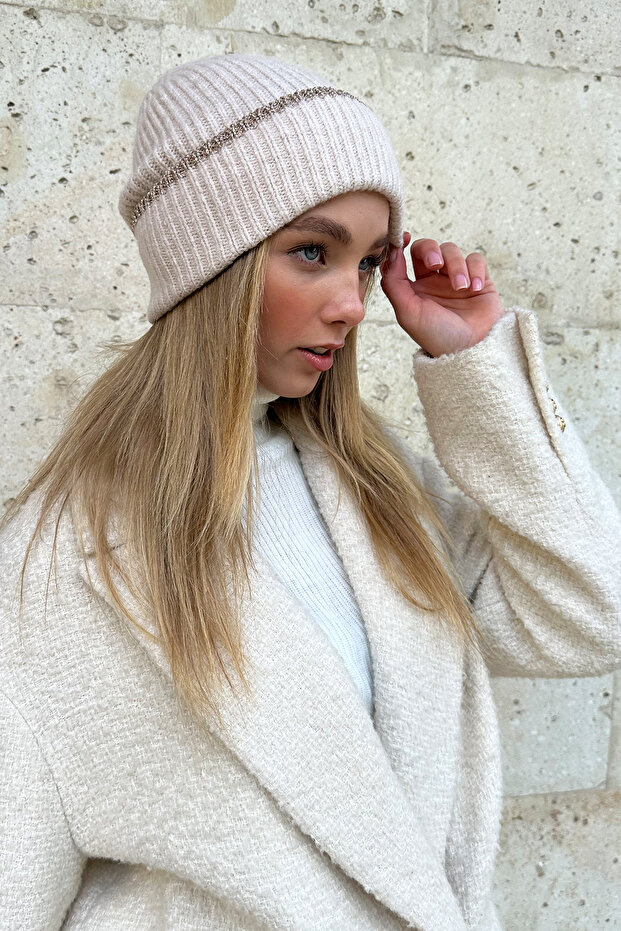 Women's Cream Glitter Striped Beret ALC-X11285