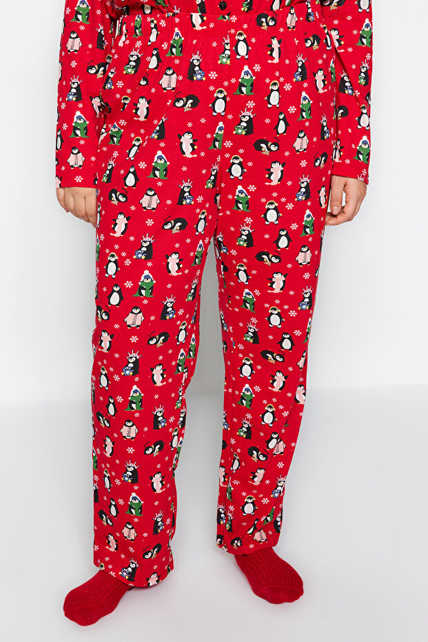 Noworoczny zestaw piżam z dzianiny w kolorze czerwonym - kołnierzyk koszuli TBBAW24AI00002 - 6