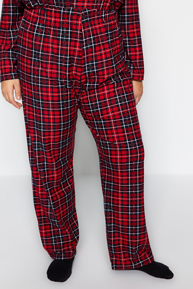 Kırmızı Ekoseli Gömlek Yaka Yumuşak Tuşe Örme Pijama Takımı TBBAW24AI00033 - 6
