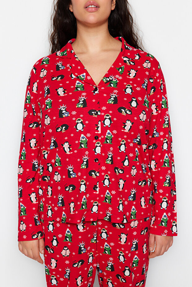 Noworoczny zestaw piżam z dzianiny w kolorze czerwonym - kołnierzyk koszuli TBBAW24AI00002 - 5