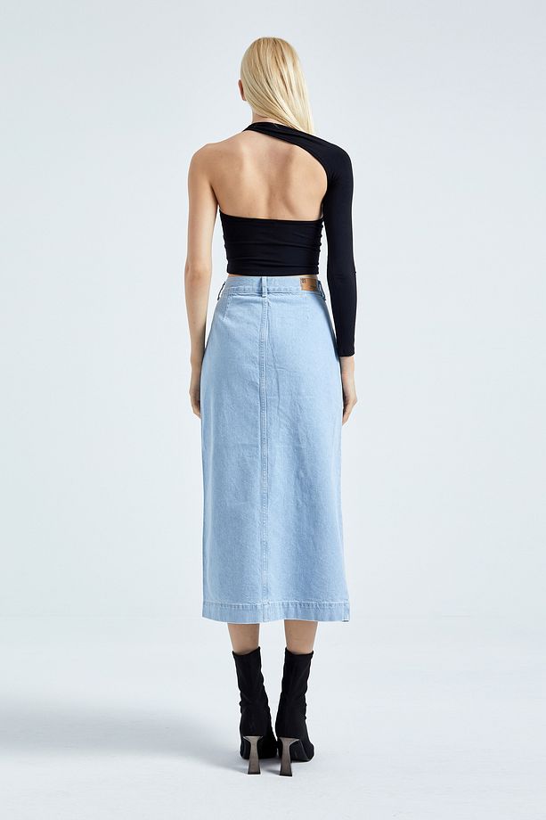 Kadın İce Kot Rengi Önü Düğmeli Maxi Boy Denim Etek - 6