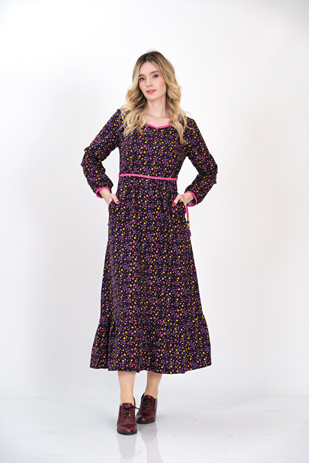 Long Purple Winter Dress with Print Skirt Ruffle Trim from Divitin Flannel